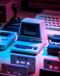 Miniature retro computers on a sparsly lit desk